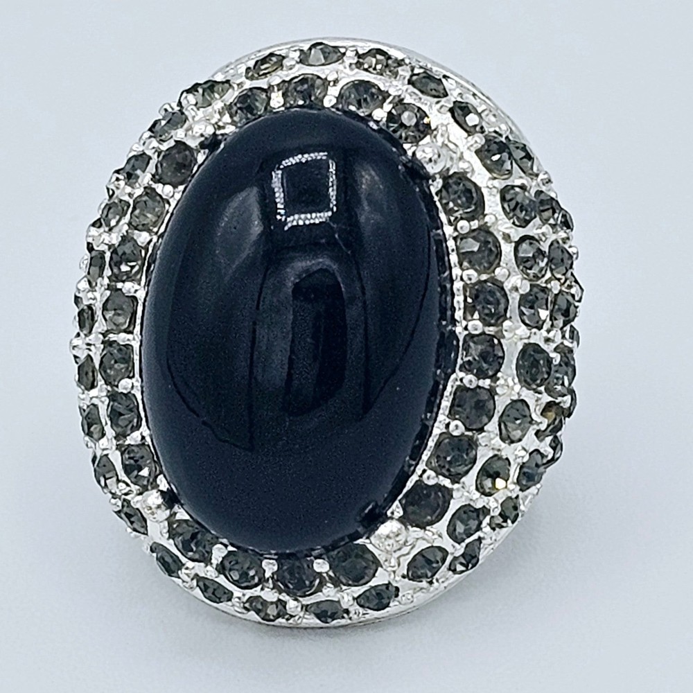 Cabochon Ring Vintage Stretch Black Gem Gray Rhinestone Costume Estate Jewelry